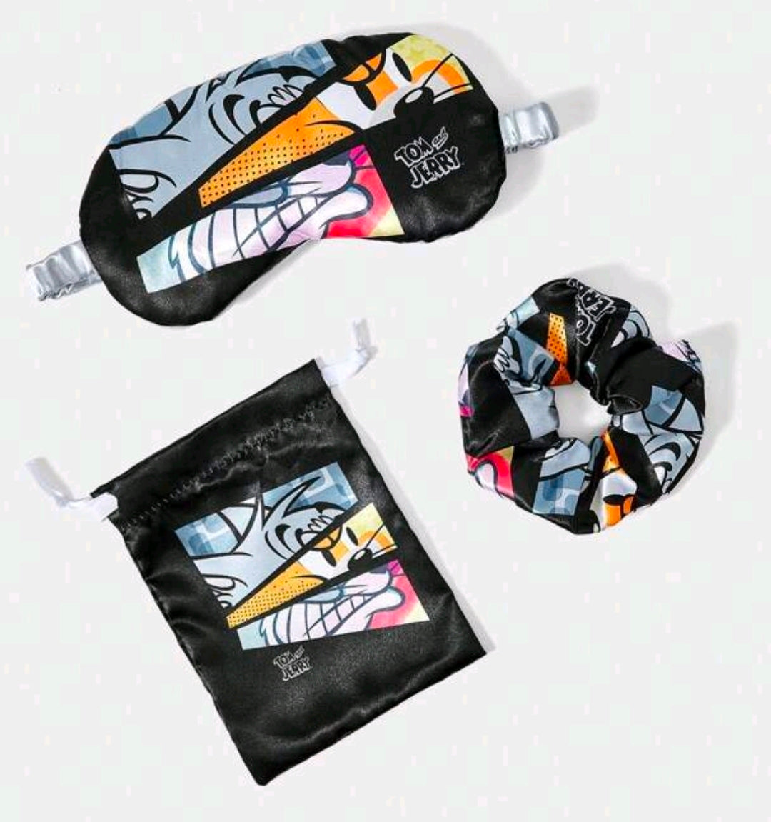 Satin sleep mask, scrunchie, and drawstring pouch set with Tom & Jerry prints