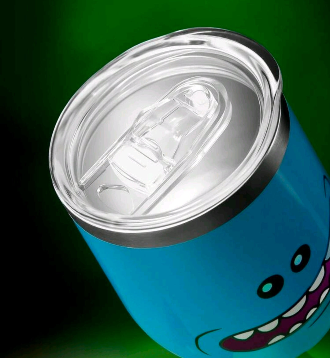 Close-up of clear lid on blue stainless tumbler with cartoon mouth graphic