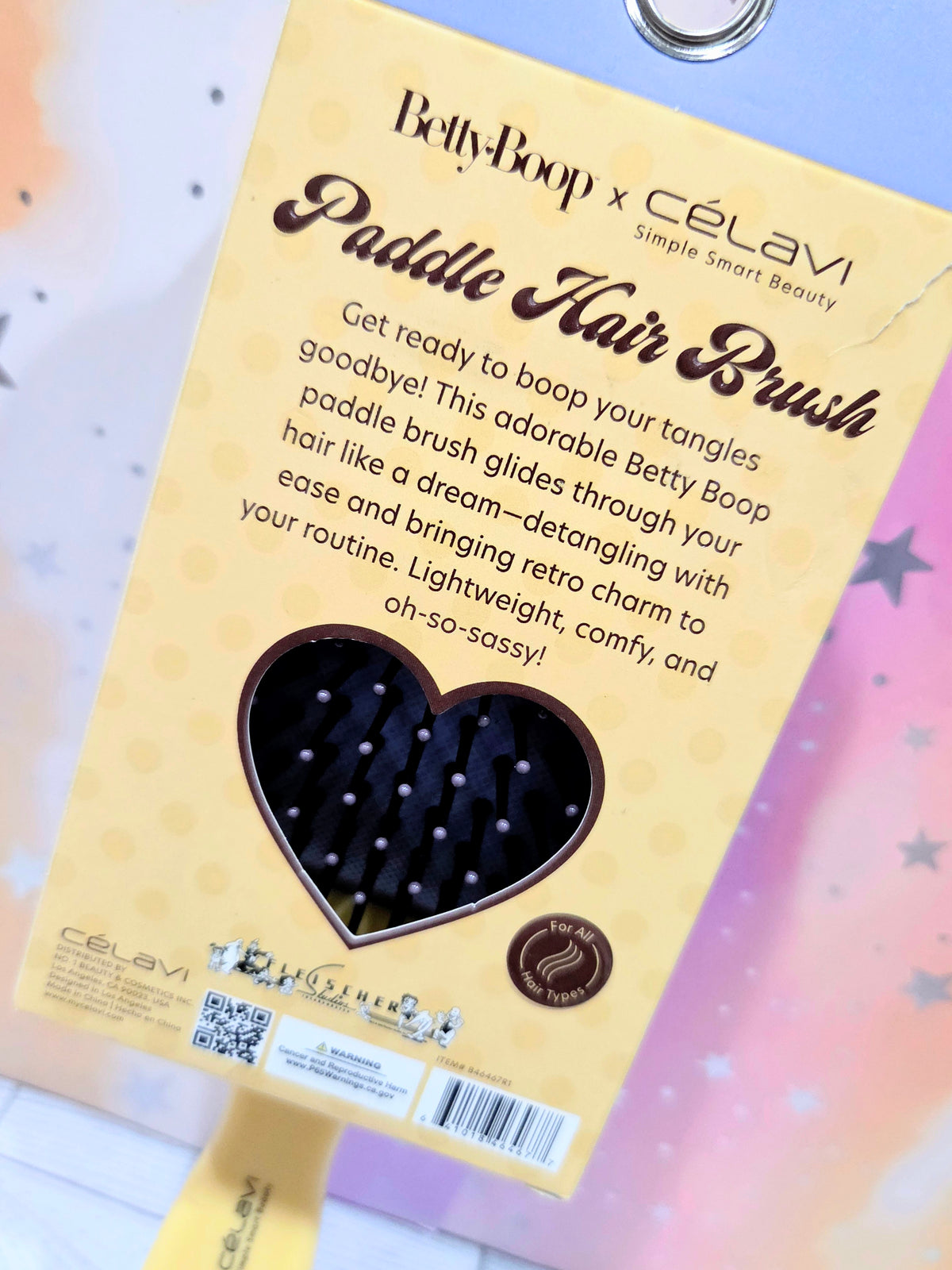 Celavi Betty Boop paddle hair brush packaging, window view of black bristles