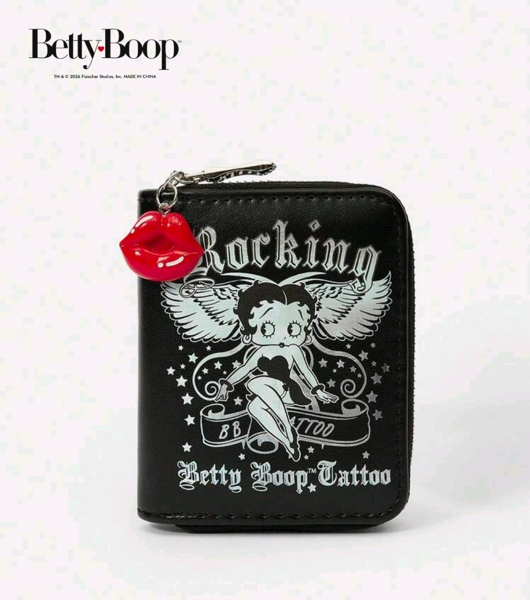 Black zip coin purse front view with Betty Boop tattoo graphic and red lips charm
