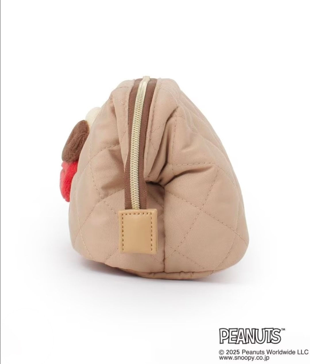 Snoopy Quilted Pouch Vintage Peanuts Japan 3D Plush Applique Wire Frame Cosmetic Bag 4 Pocket Beige
