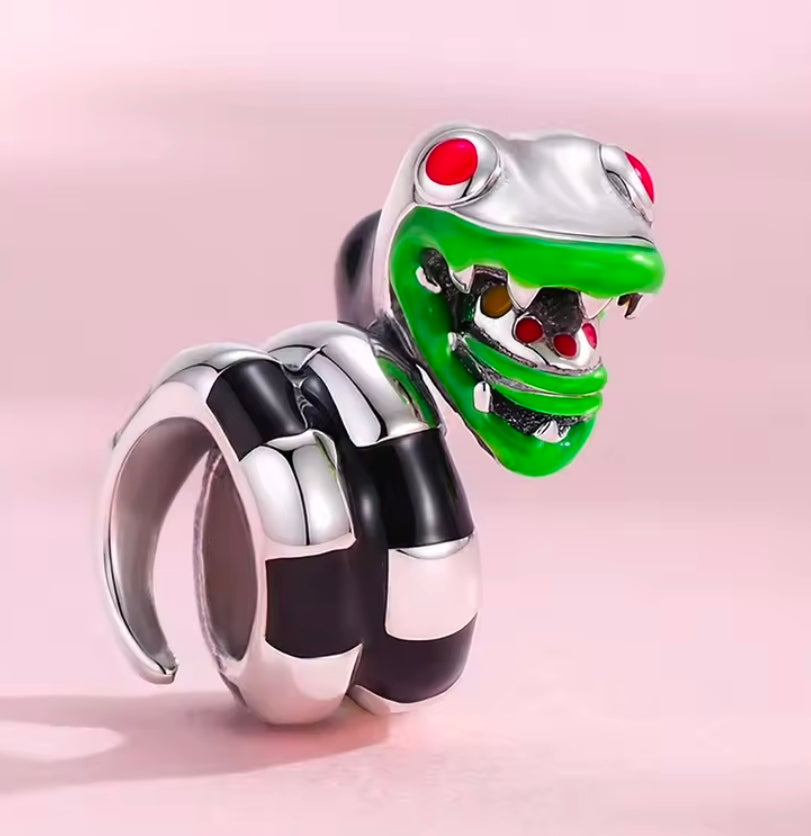 Sterling silver S925 sandworm charm, green head with red eyes and black enamel belly