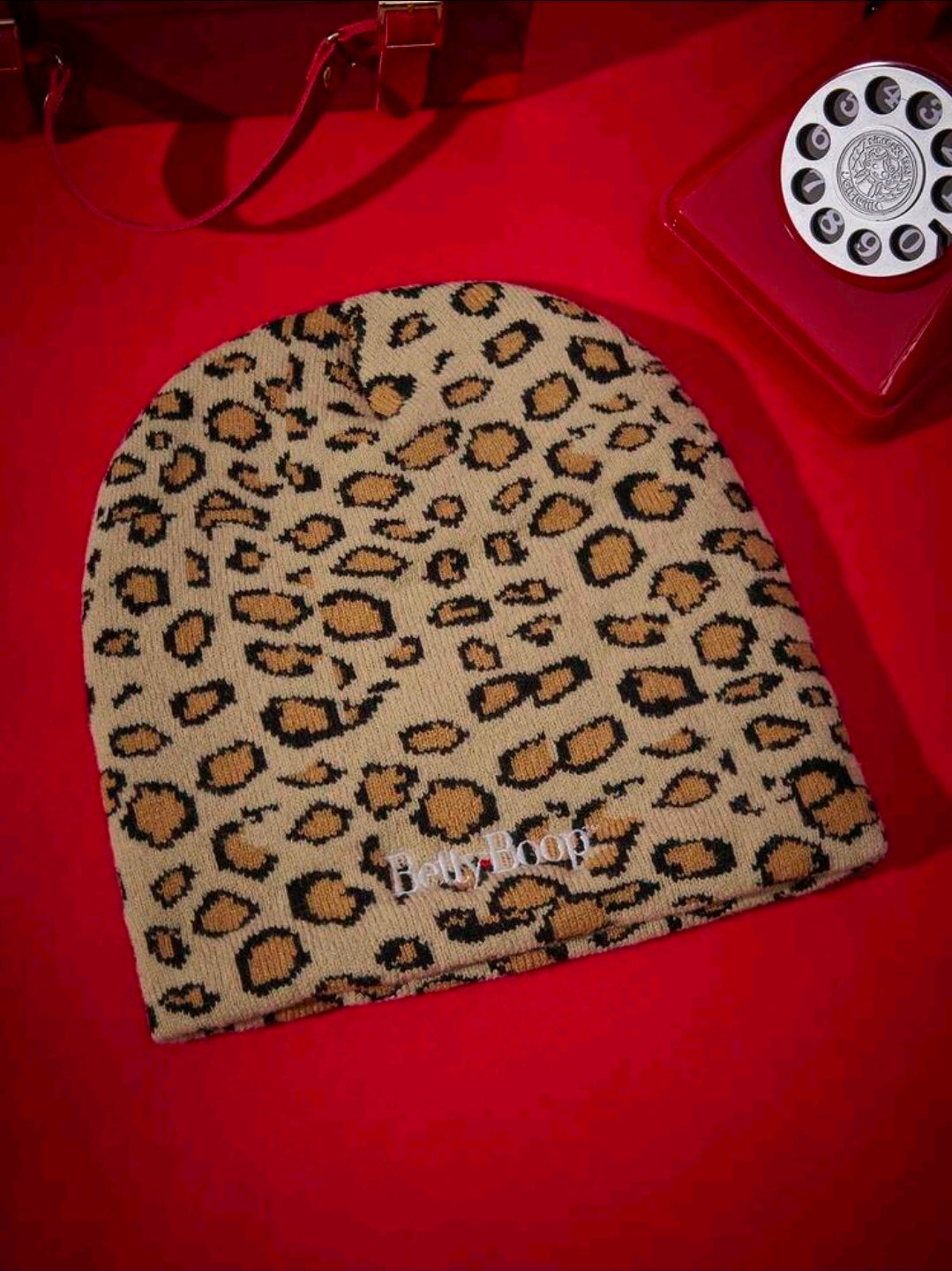 Betty Boop Leopard Print Slouchy Knit Beanie with Star Embroidery