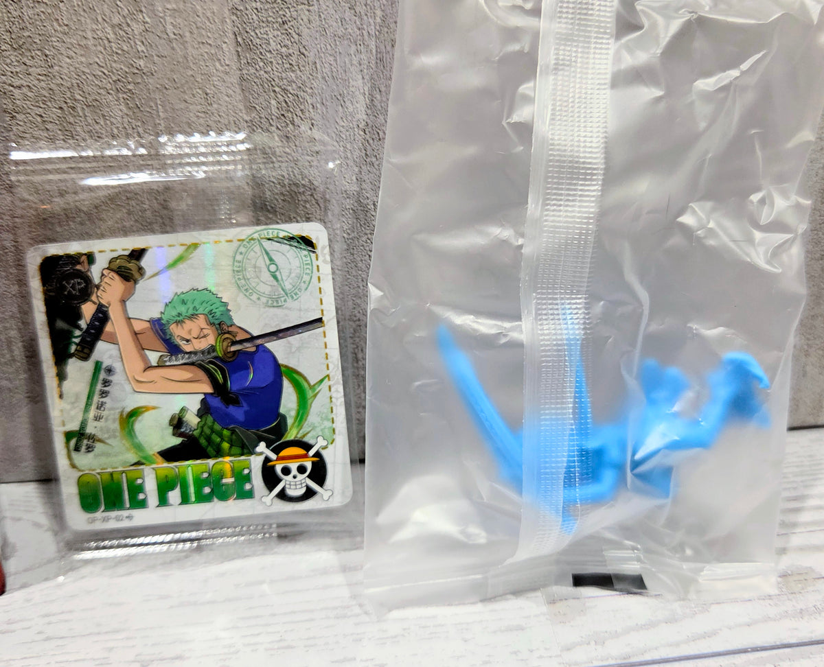 One Piece figure card with blue translucent figure piece in clear bag