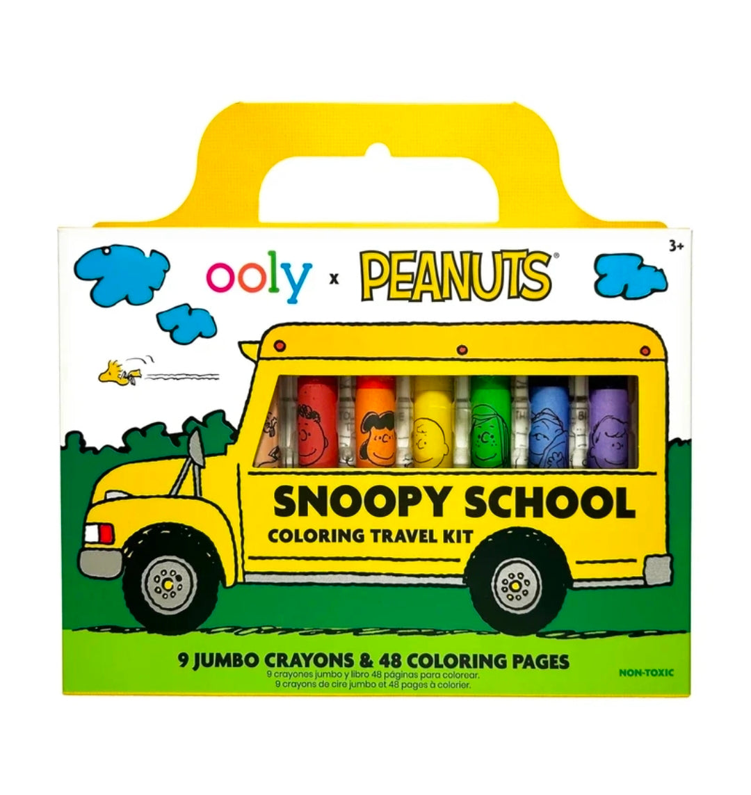 Snoopy School coloring travel kit box with yellow bus and 9 jumbo crayons
