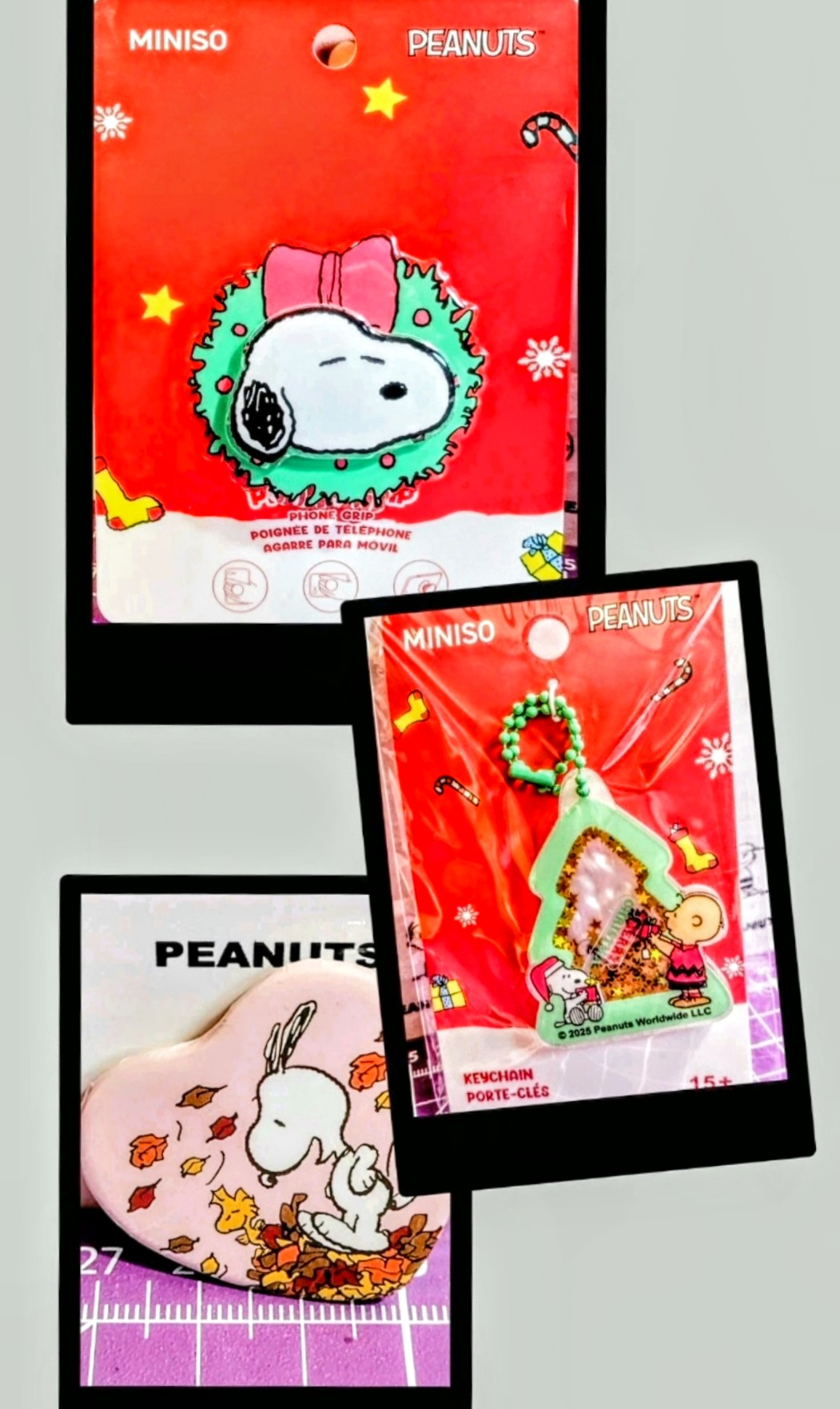 Snoopy Miniso Peanuts gift set cards featuring phone grip and keychain charm.