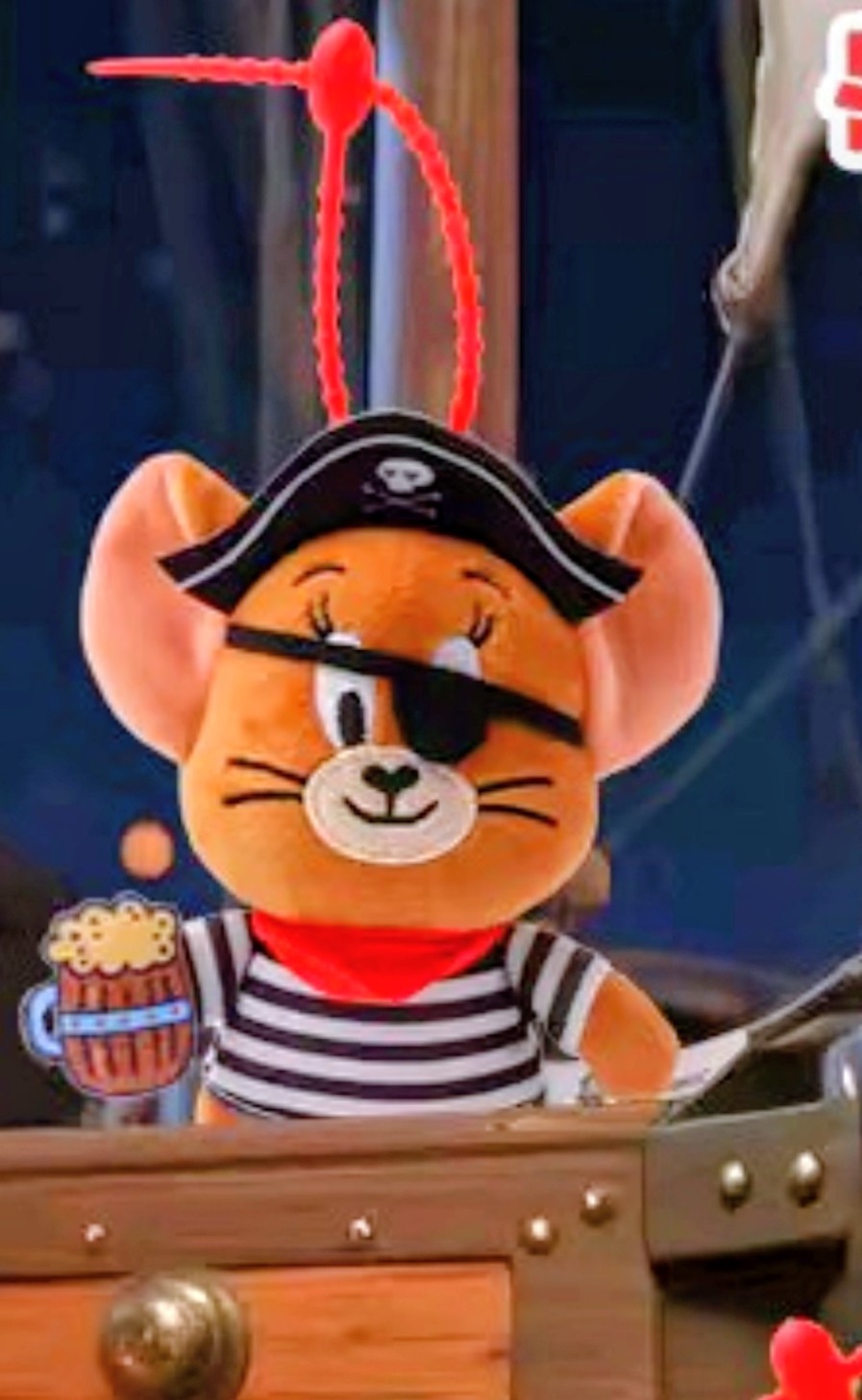 Pirate plush keychain, orange cat with pirate hat holding a sword, striped sailor shirt
