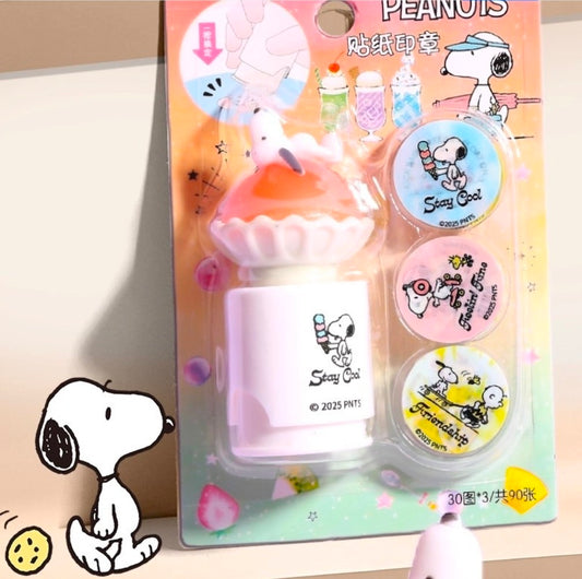 Snoopy sticker stamp roller set with Stay Cool rollers and round sticker stamps in package