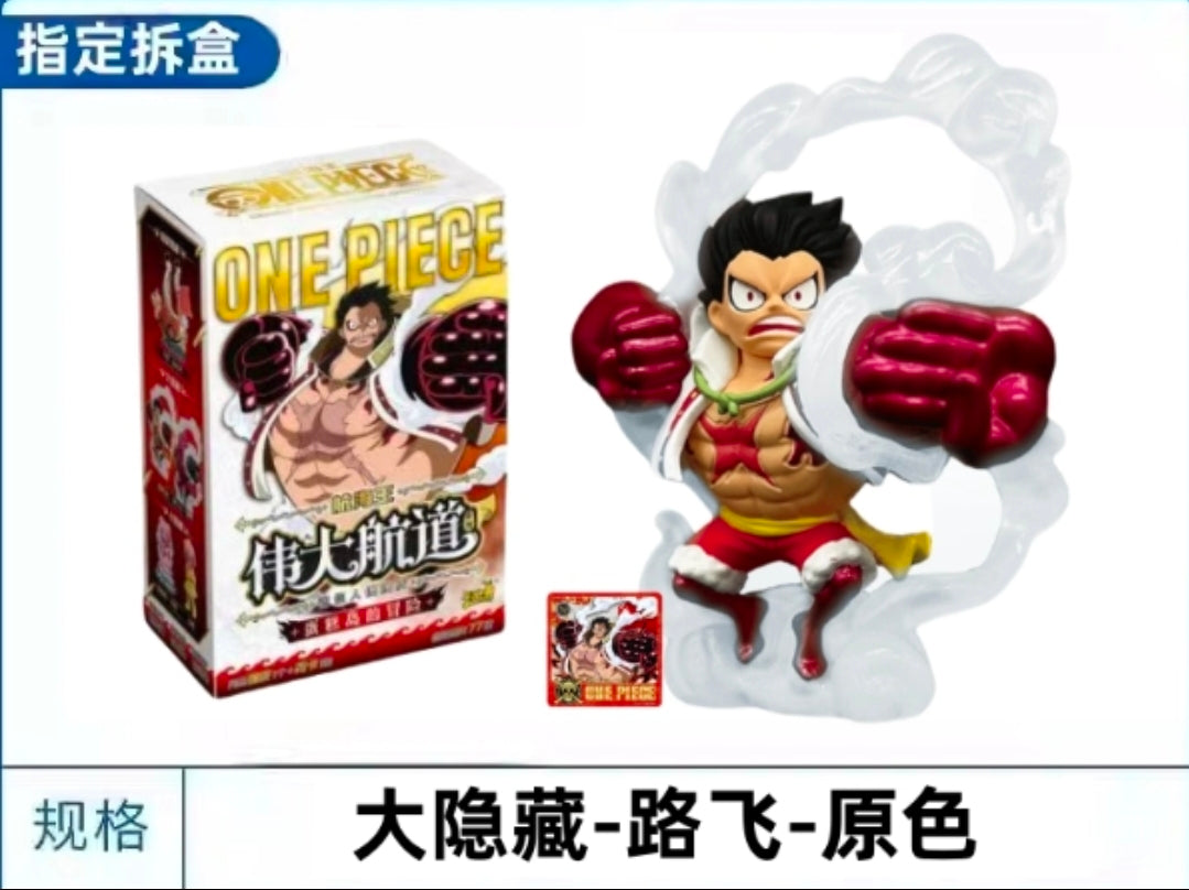 Mini figure and box contents shown together on a blue background, including “ONE PIECE” card.