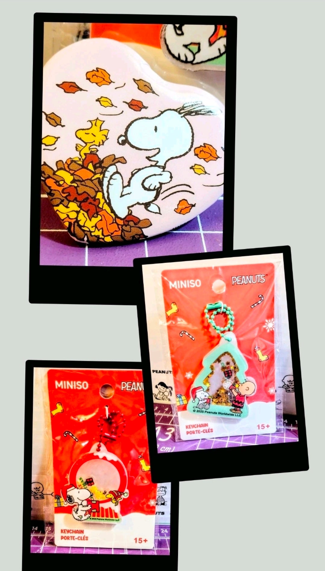 Peanuts Christmas keychain charms on card sleeves with black frames