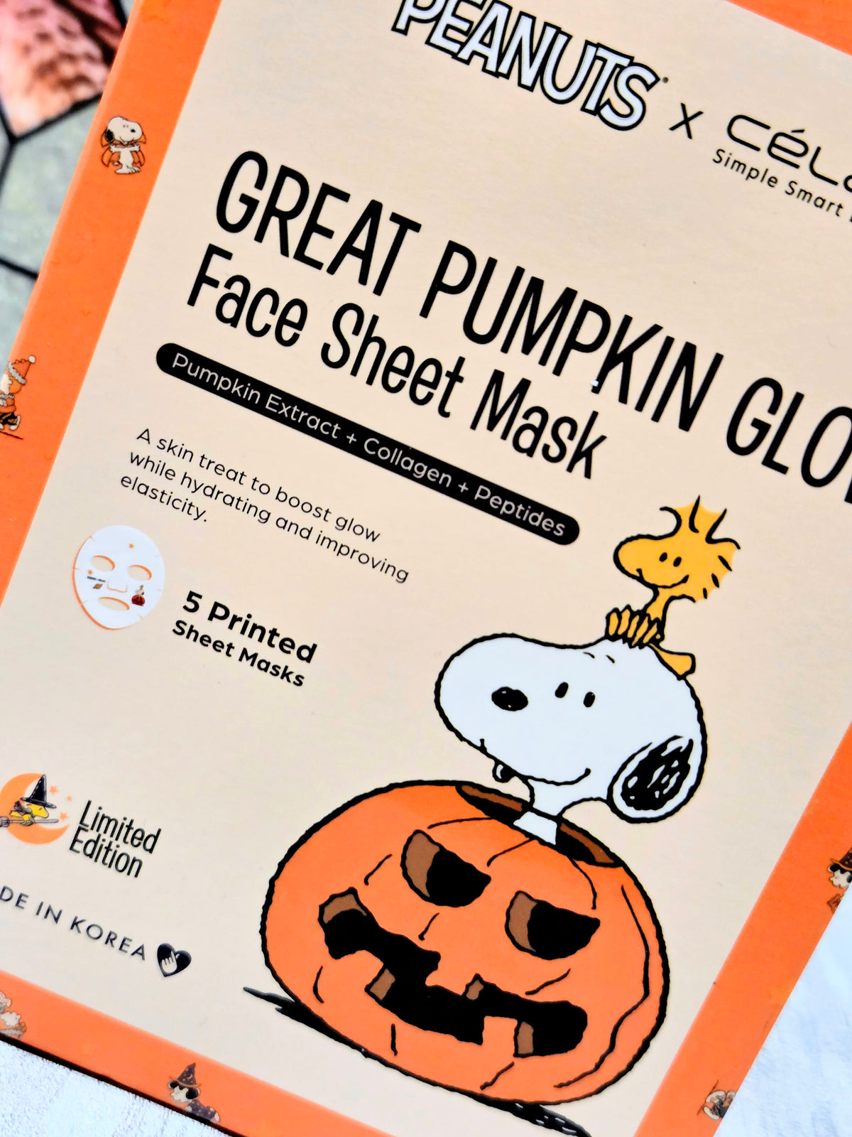 Great Pumpkin Glow face sheet mask box front with Snoopy and pumpkin design