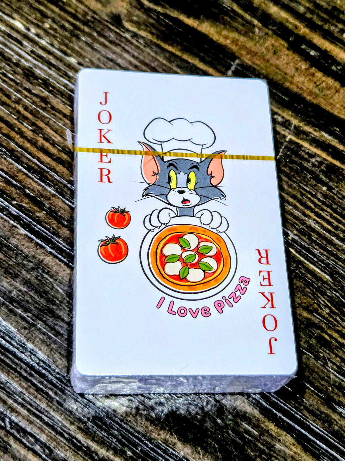 Tom & Jerry playing card with joker face, pizza theme, and “I Love Pizza” text