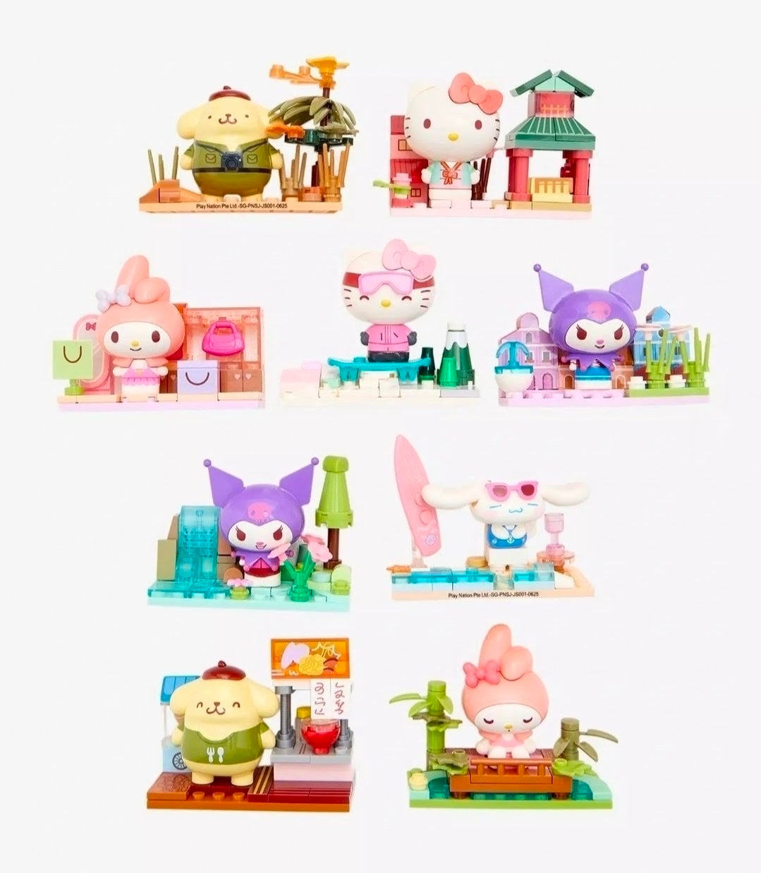 Jetset building blocks keychain mini scenes set with multiple characters in rows