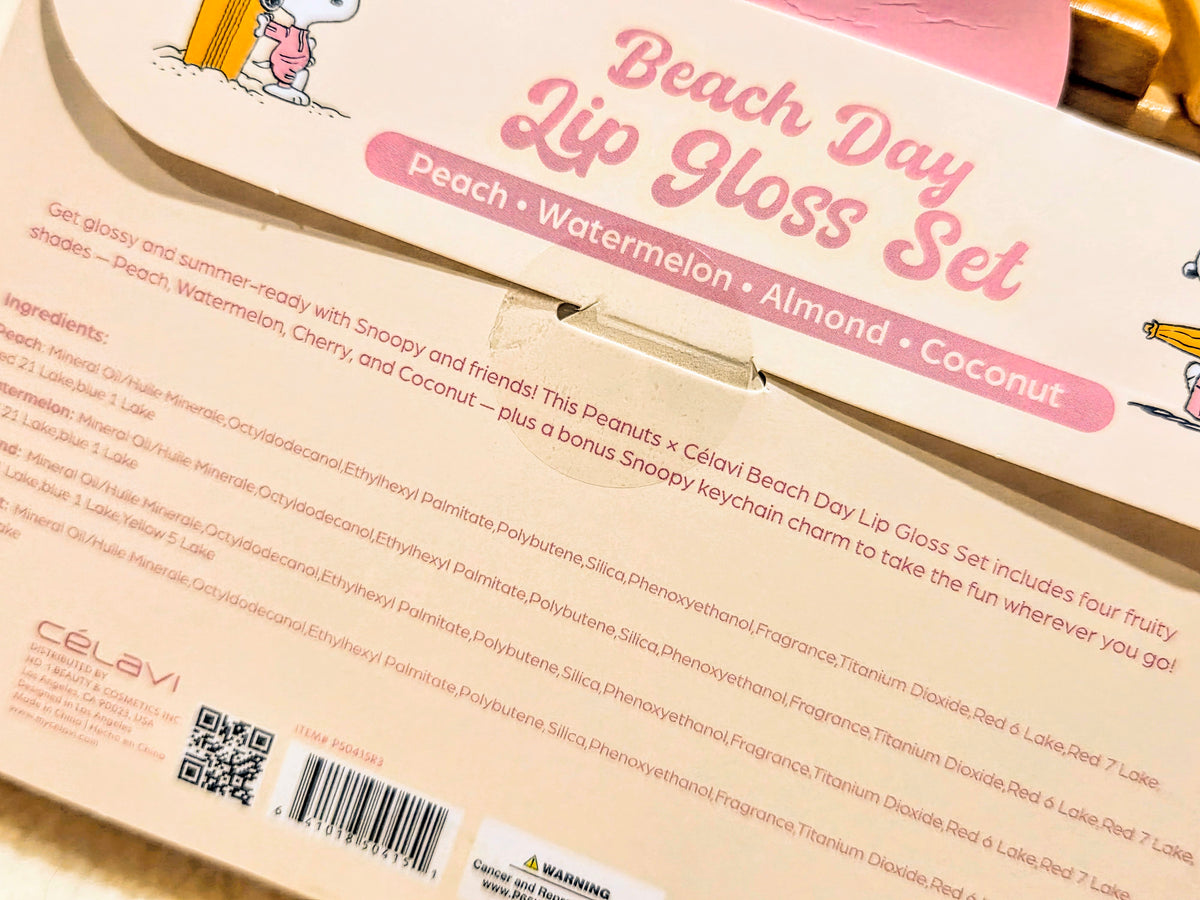 Beach Day lip gloss set carton showing “Peach Day” branding and ingredient text