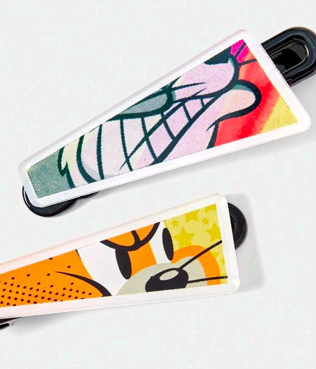 Satin hair clips with colorful Tom & Jerry print panels, black spring clasps