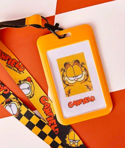 Orange badge holder with Garfield portrait art card, attached to black clasp lanyard