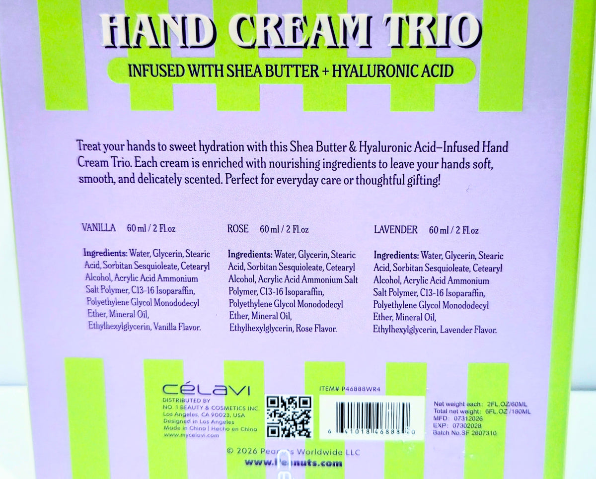 Hand cream trio box insert with “HAND CREAM TRIO” header and ingredient list