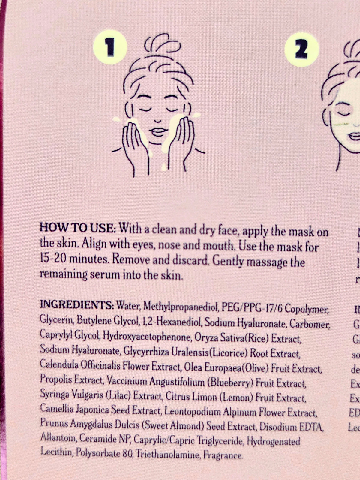 Hydrating face sheet mask how to use panel with ingredient list on pink packaging
