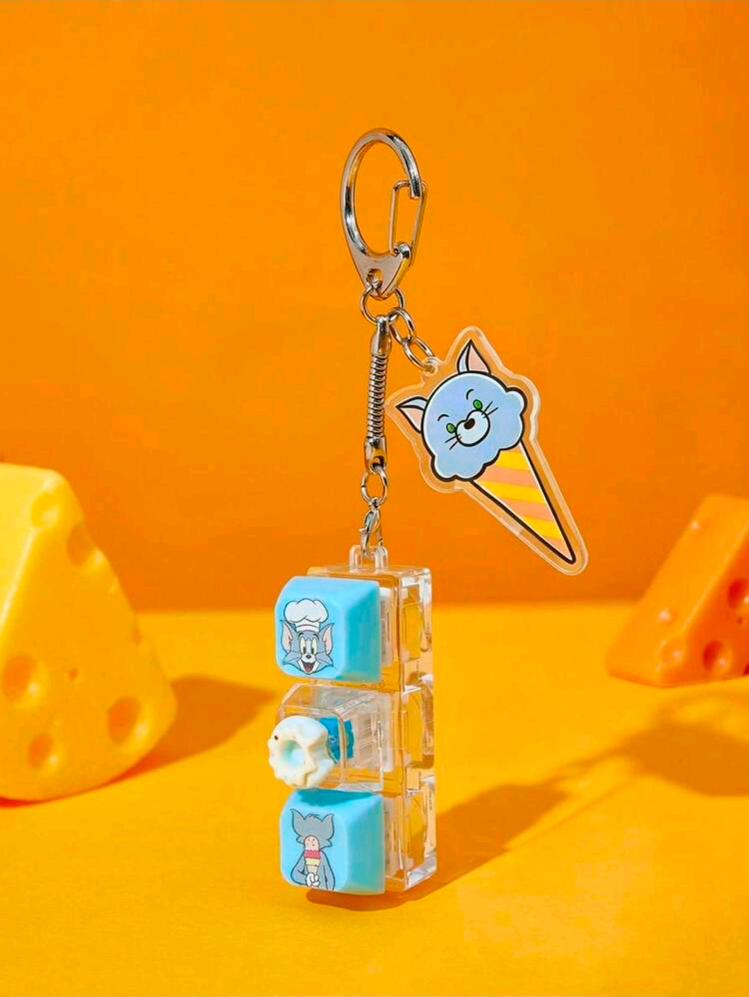 Tom & Jerry dessert keyboard fidget clicker keychain with blue ice-cream charm and clear cube