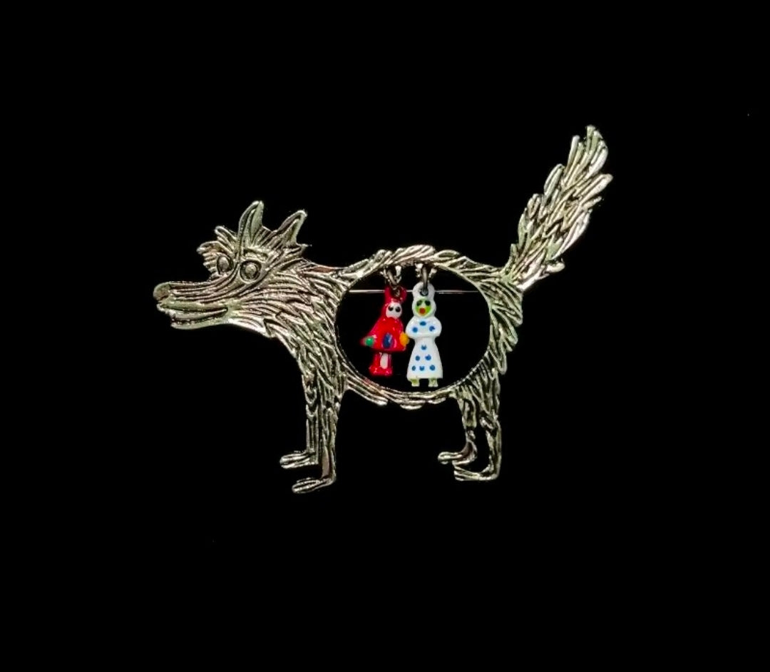Silver-tone enamel wolf brooch pin with circular Red Riding Hood and grandma charms.