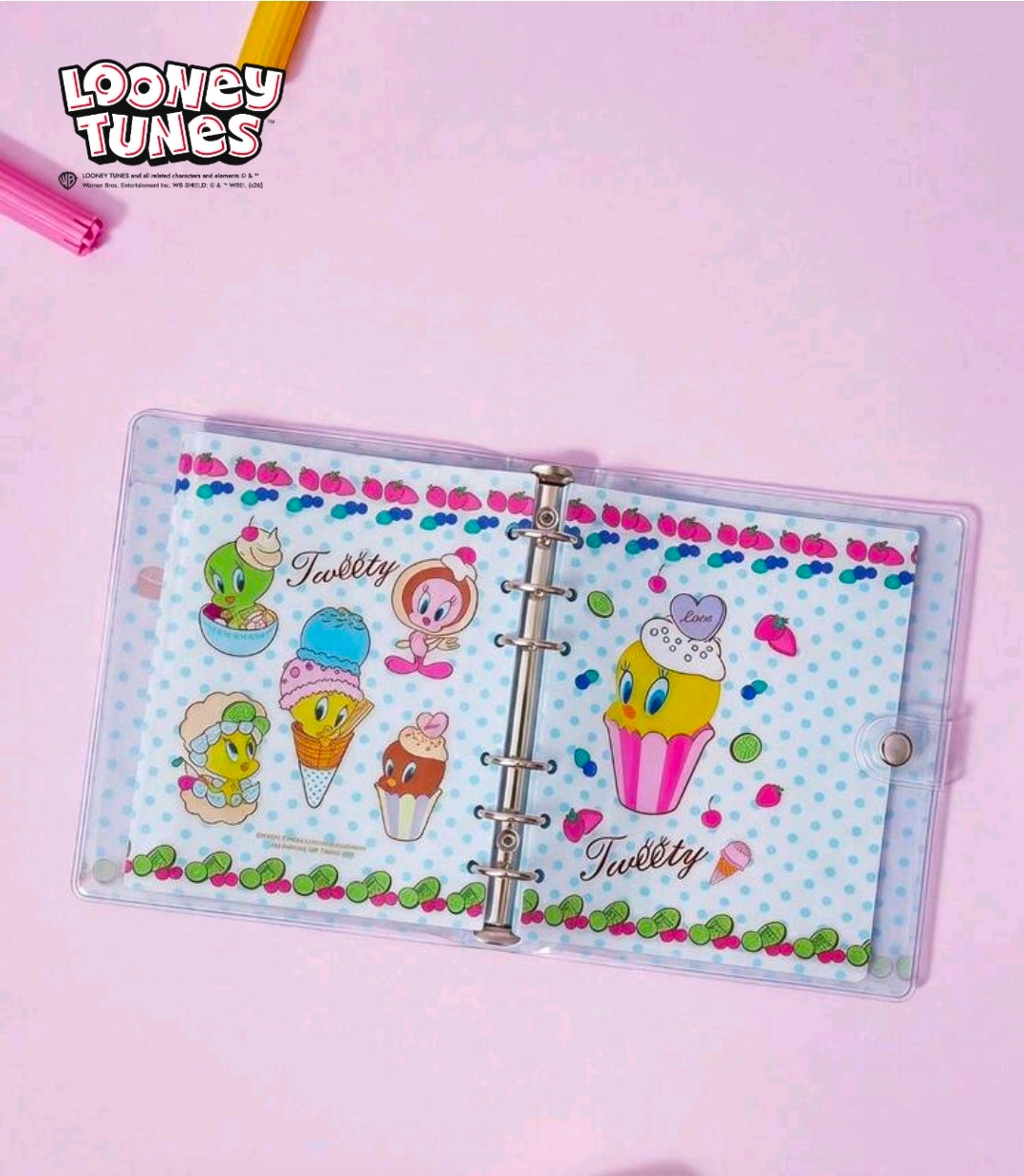 A7 6-ring planner sticker album with snap closures, open clear binder with rings