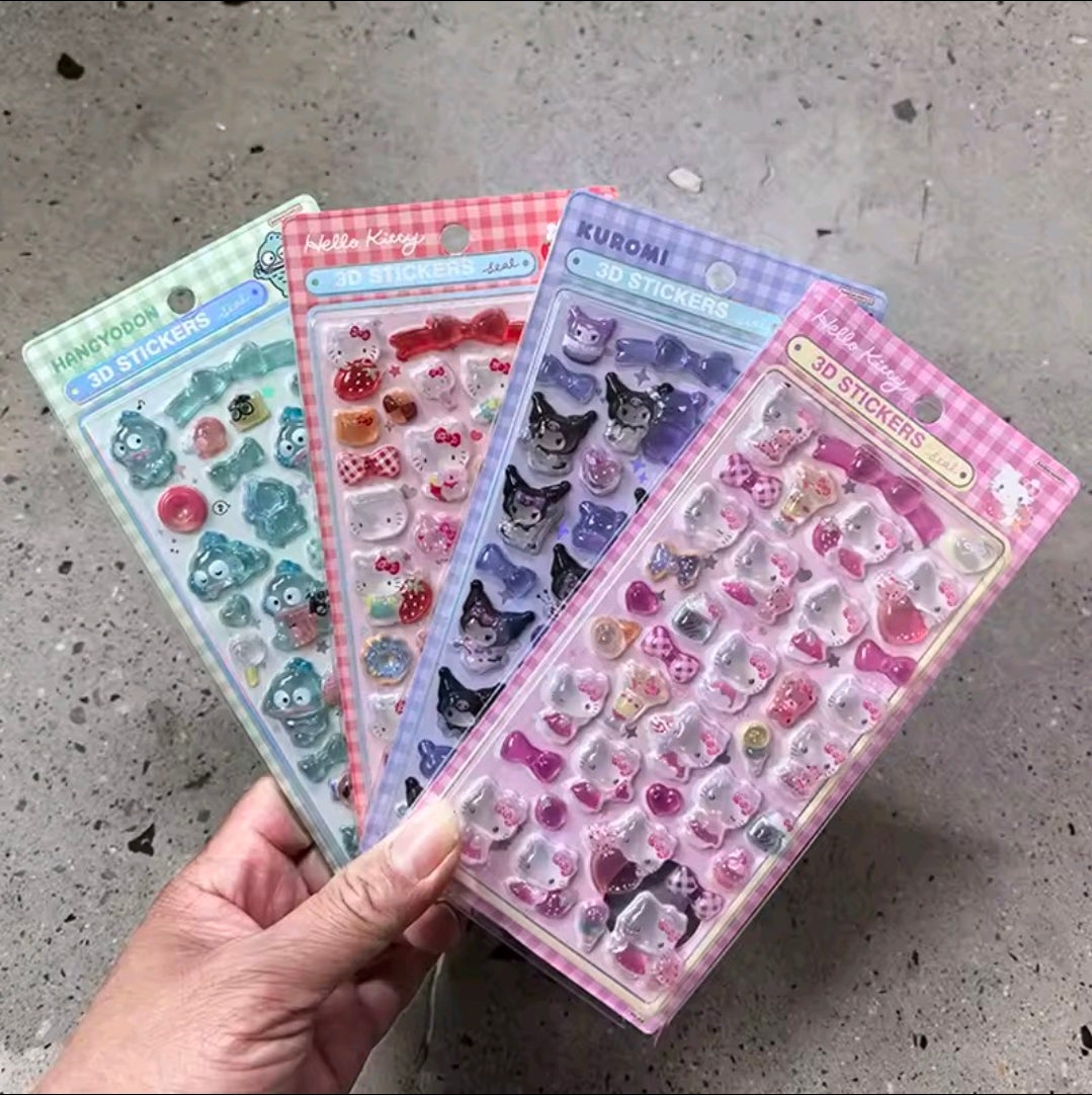 Assorted 3D acrylic sticker sets in pink, purple, and blue character designs