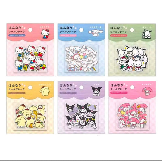 Sanrio washi flake sticker pack set, six small character sticker sheets in pouches