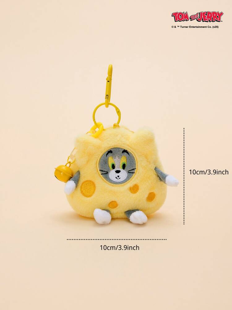 Yellow cheese plush keychain coin purse with Tom cat face, small arms and hanging loop