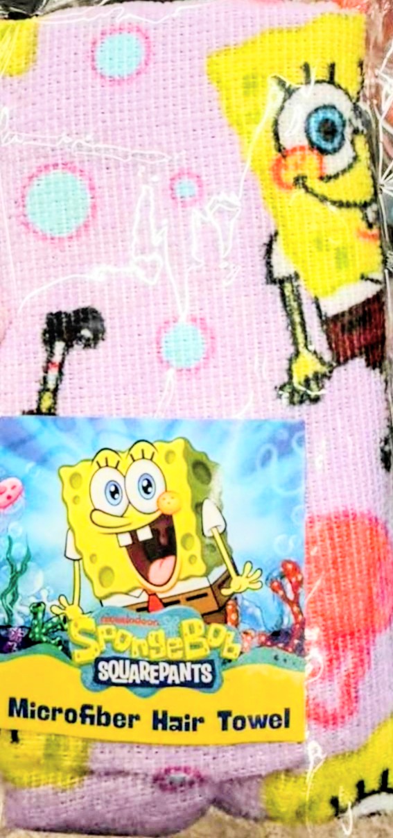 Packaged microfiber hair towel with SpongeBob SquarePants, pink and yellow