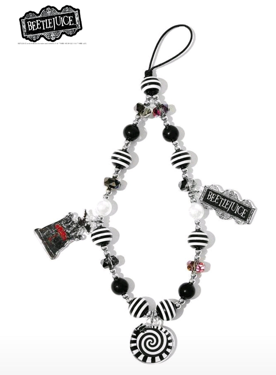 Beetlejuice beaded phone lanyard with striped beads, black beads, and spiral pendant