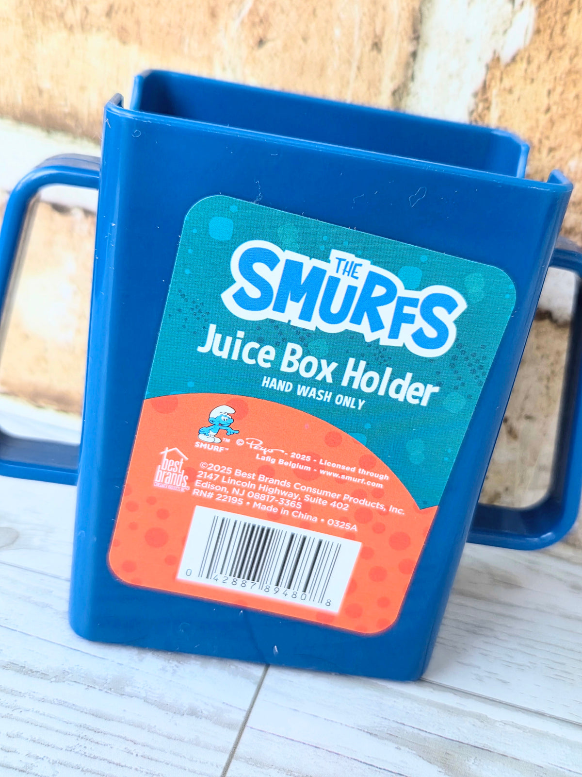 Smurfs juice box holder, BPA-free, hand wash only with packaged label