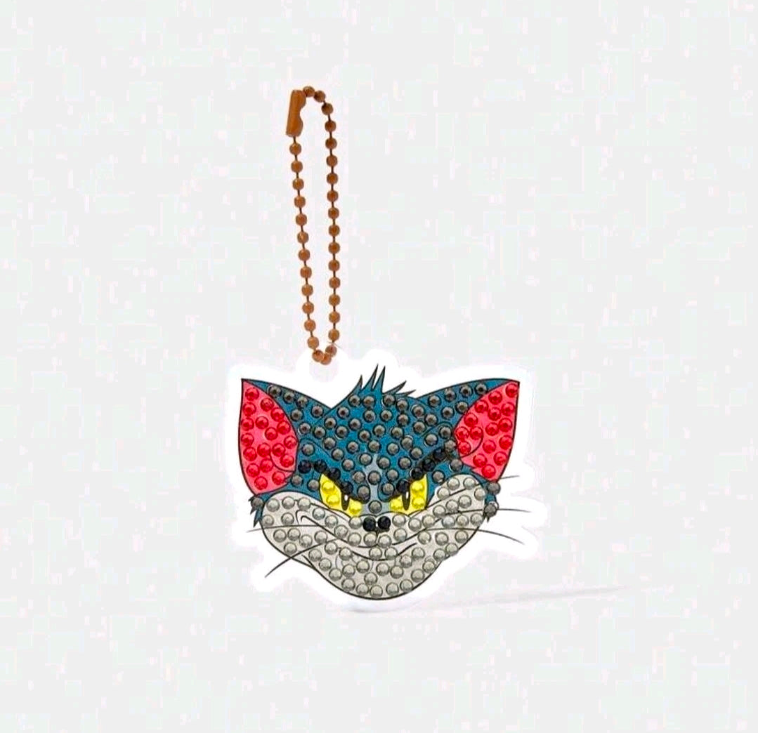 Diamond painting keychain kit cat charm with bead loop, blue-gray and red accents