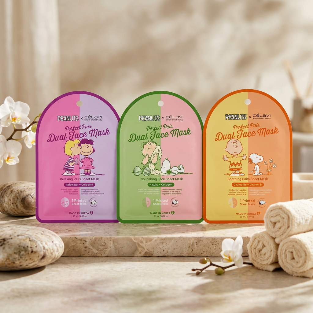 Three Peanuts x Celavi dual face mask package cards on a tabletop with folded towels