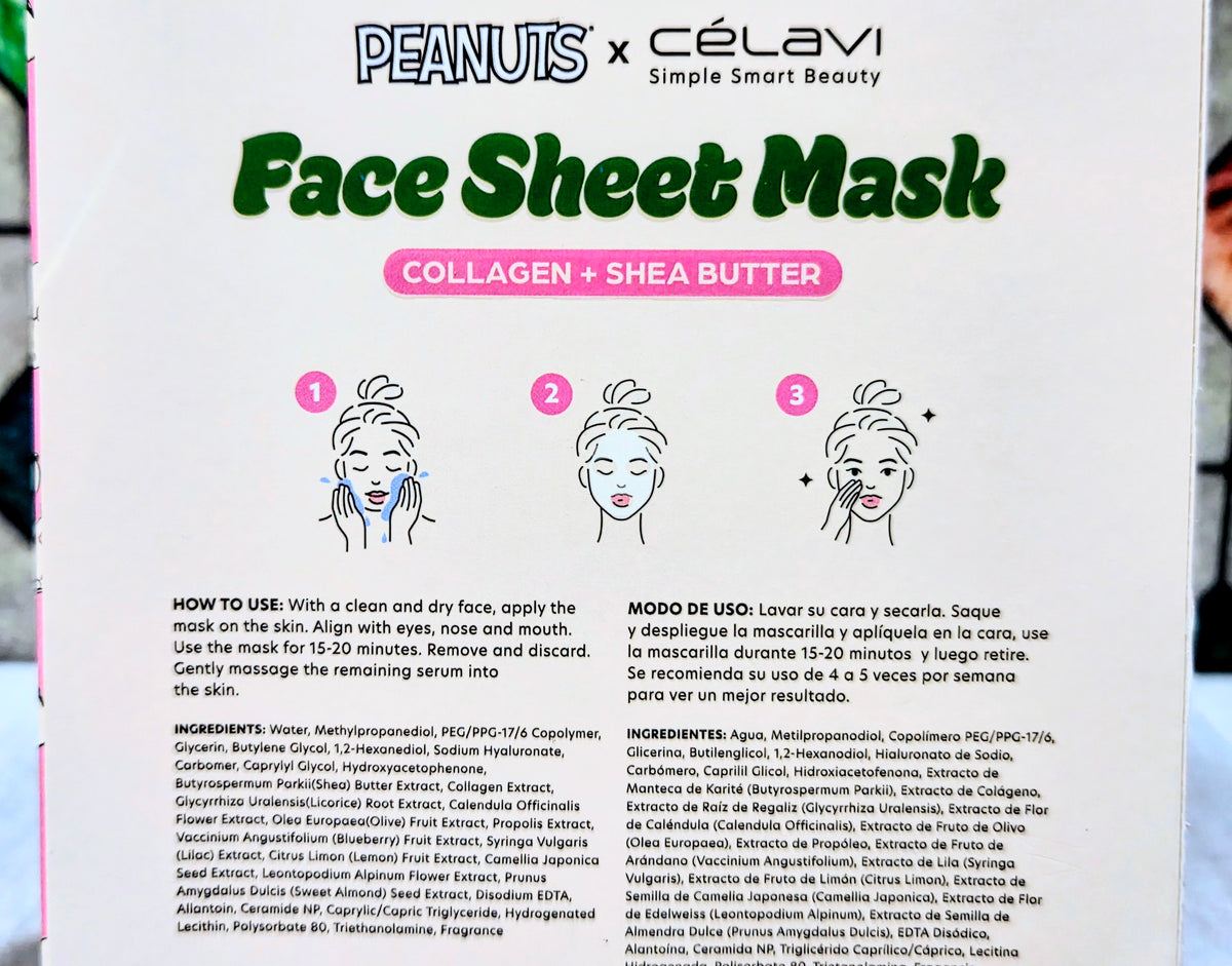Peanuts x Célavi face sheet mask package, collagen + shea butter