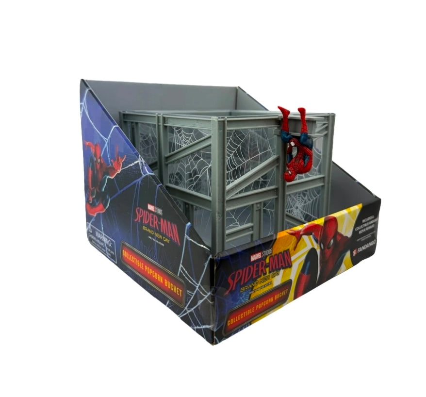 Spider-Man collectible popcorn bucket box, side view with window and character art