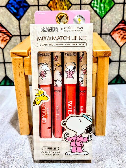 Peanuts x Célavi Snoopy lip kit with 4 lip gloss and liner tubes in pink and red