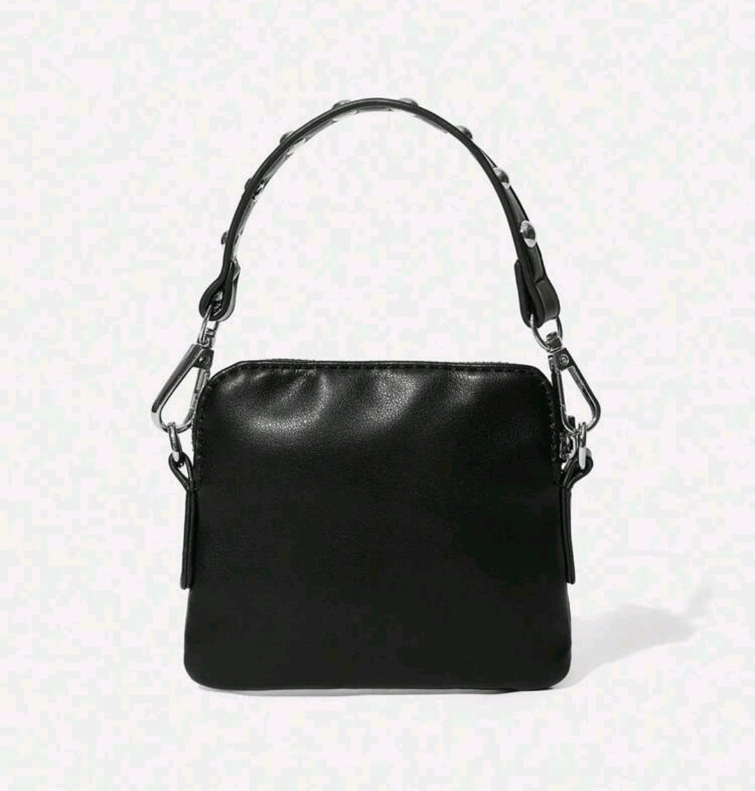 Black mini crossbody clutch purse with curved top handles and chain strap, plain back