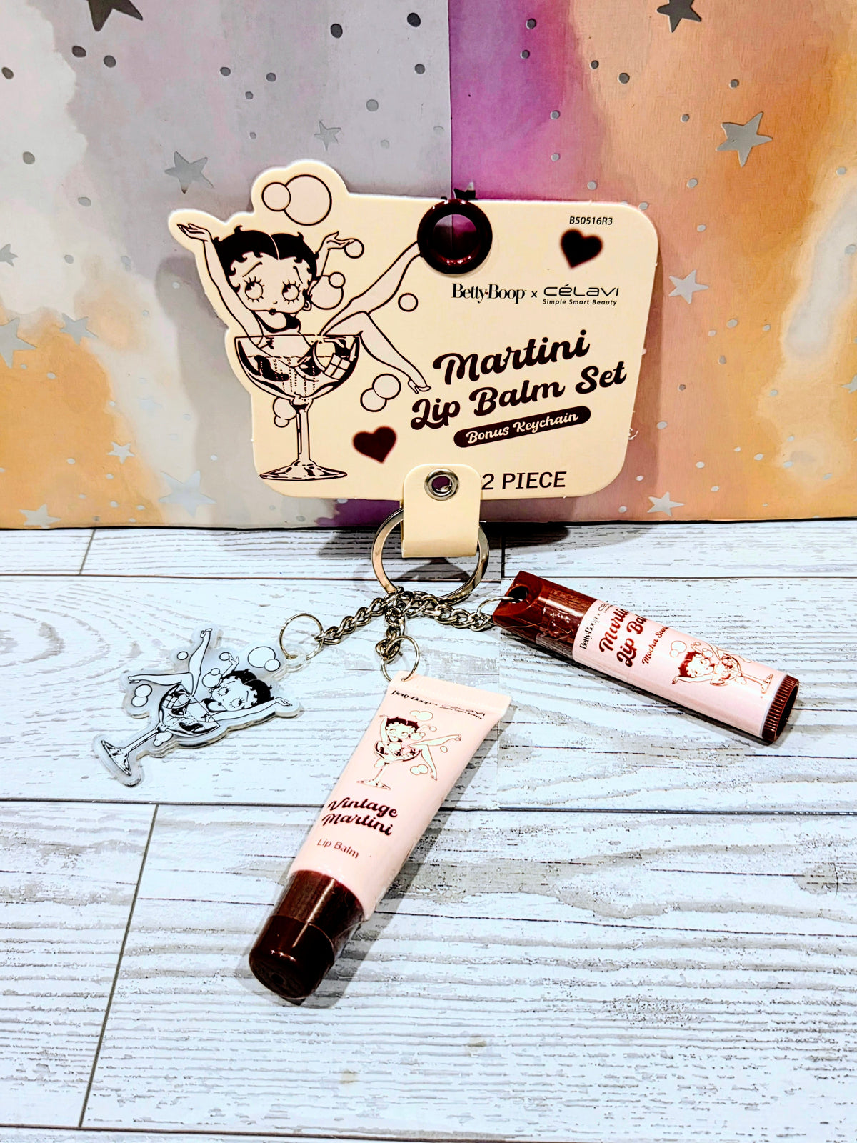 2-piece Martini lip balm set with acrylic keychain clip and two lip balm tubes