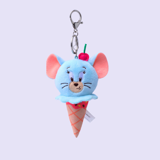 Light-blue plush ice cream cone keychain with cherry topper and keyring