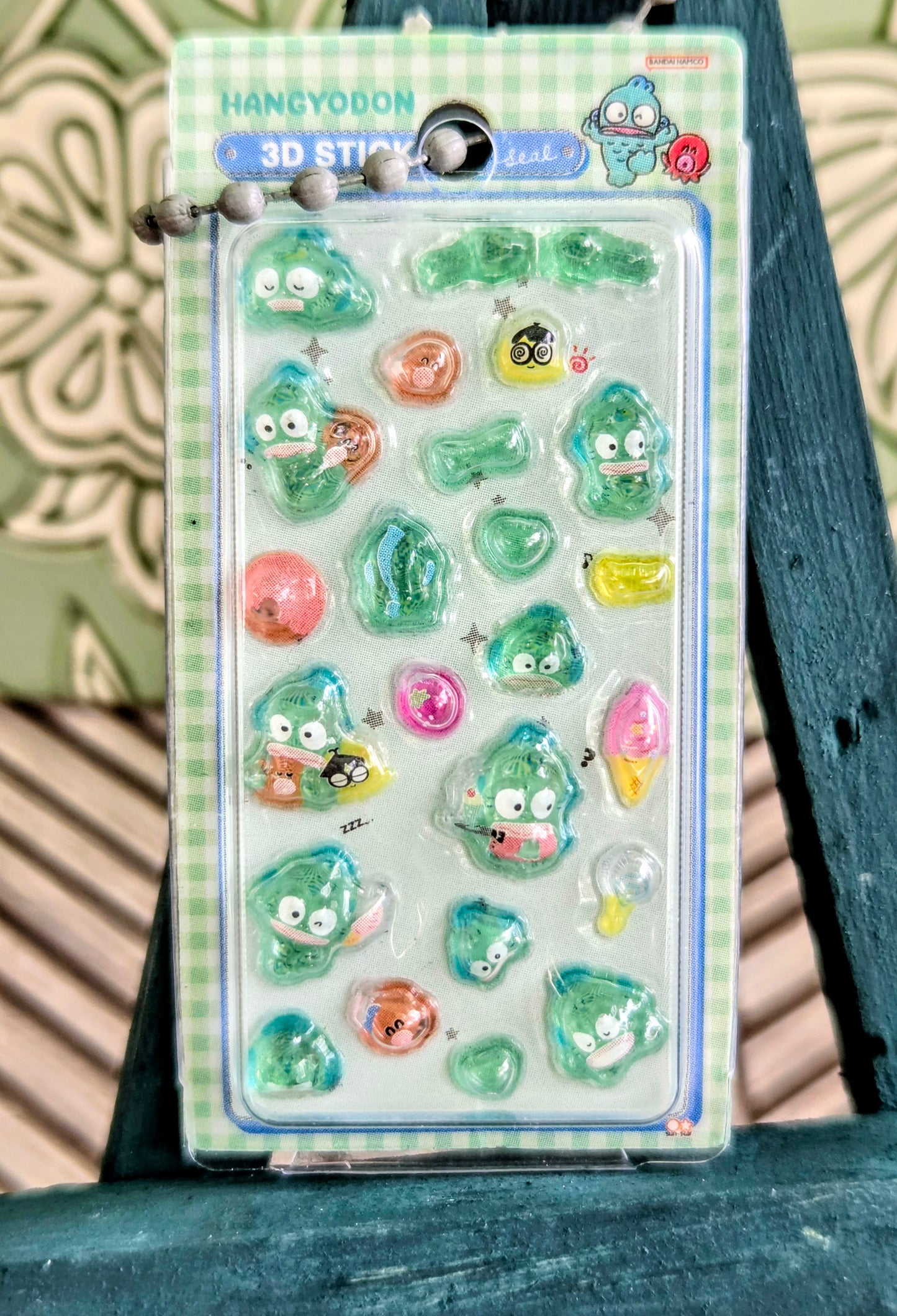 Hangyodon 3D sticker keychain set card with clear blister and green sea-creature charms.