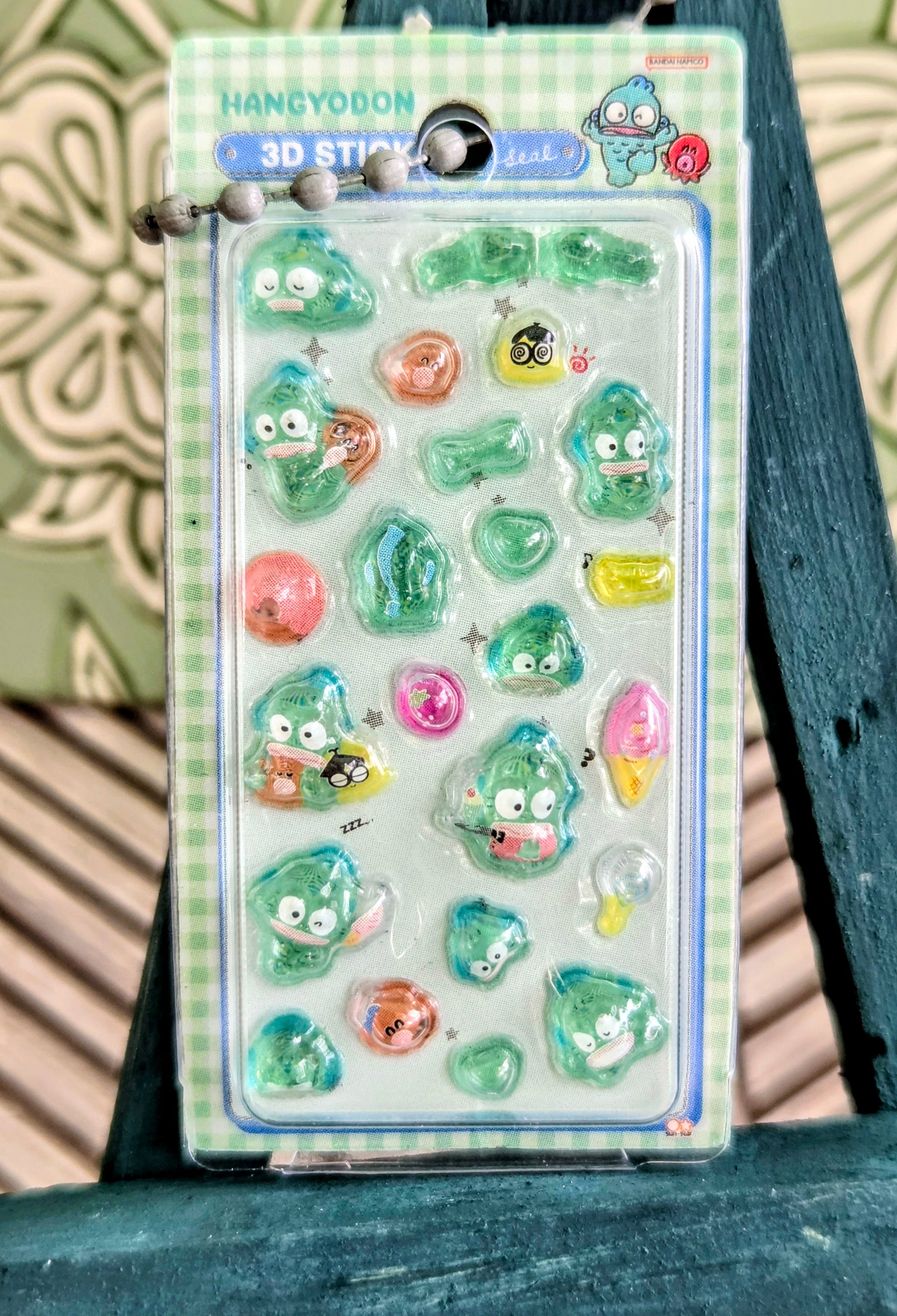 Hangyodon 3D sticker keychain set card with clear blister and green sea-creature charms.