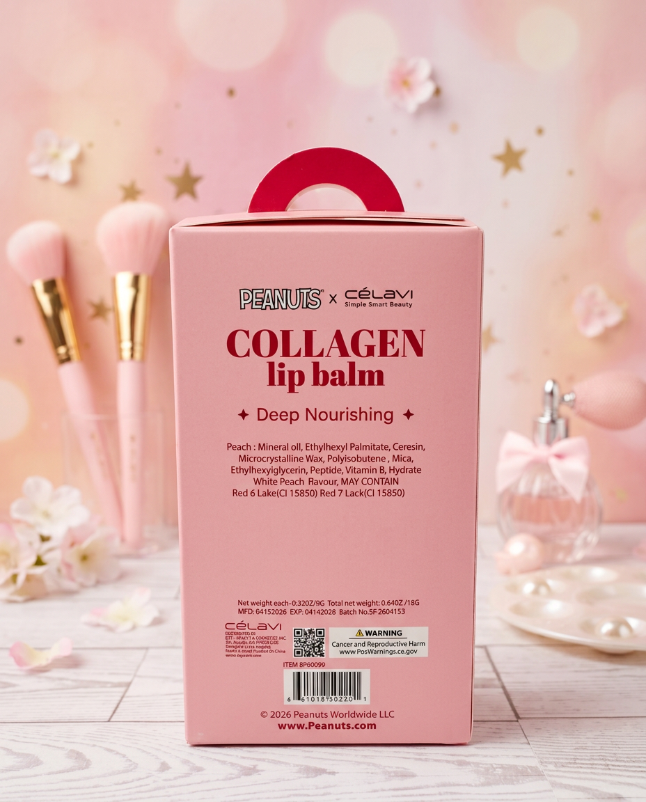 Collagen lip balm box back with ingredient details and barcode