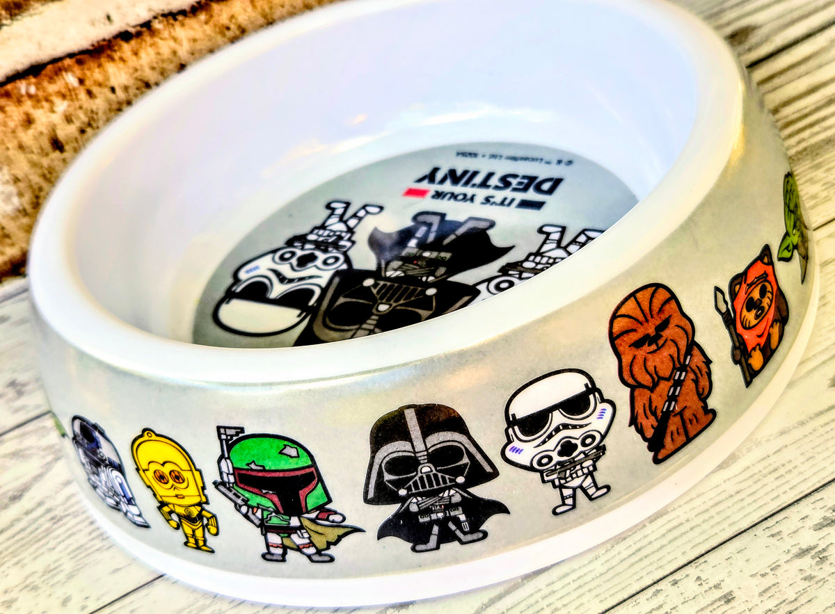 Star Wars pet bowl with colorful character decals, white plastic.