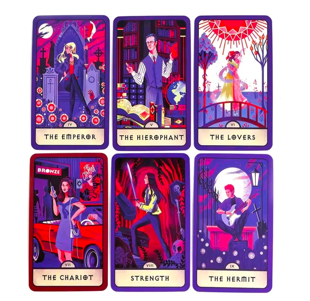 Tarot deck cards laid out, showing The Emperor, The Hierophant, The Lovers, and Strength
