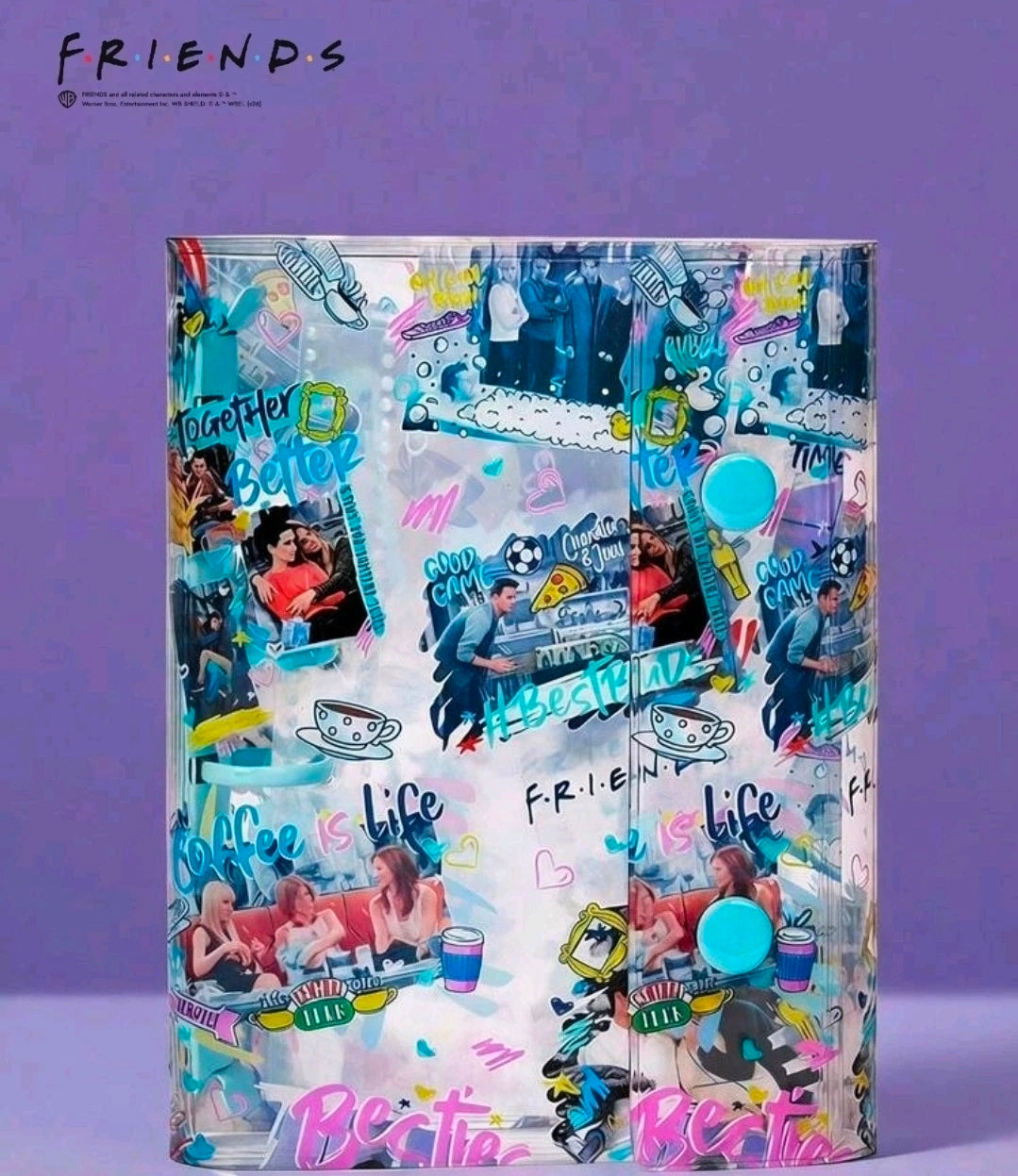 Blue collage sticker binder planner cover with decorative characters and text