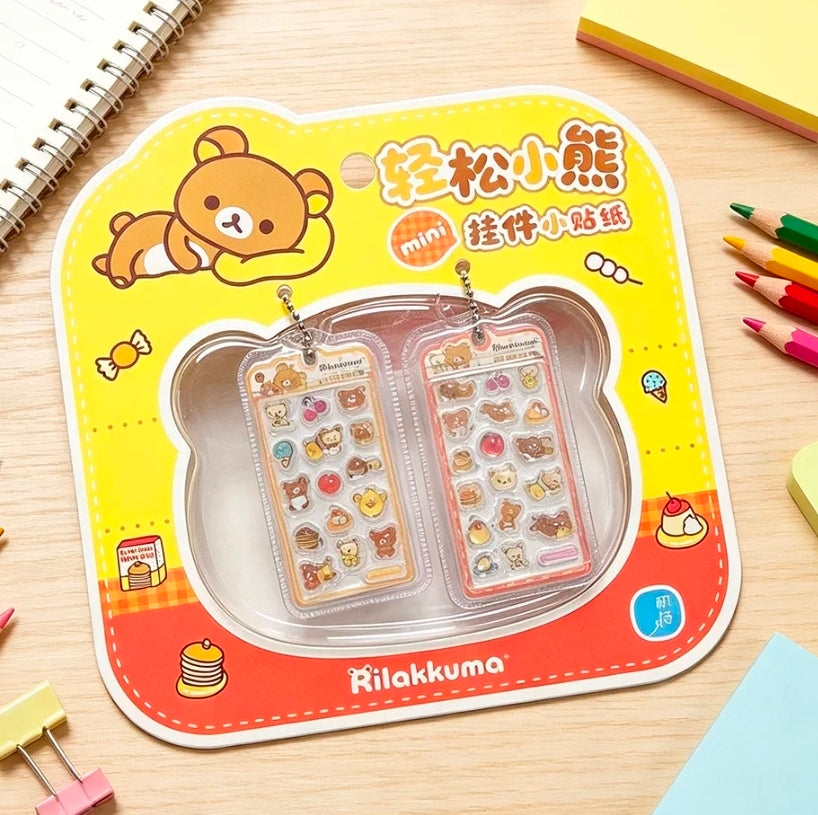 Rilakkuma mini sticker keychain set of 2 on hanging blister card with two sticker sheets