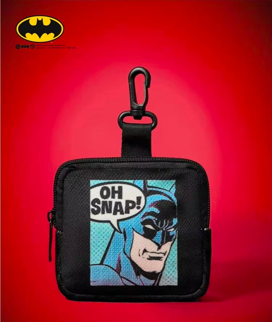 Black zip pouch with carabiner, front panel shows Batman 'OH SNAP!' comic