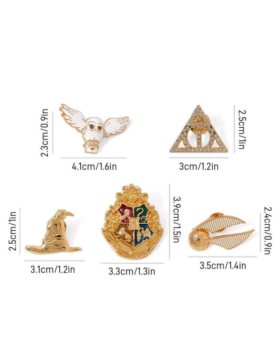 Harry Potter 5 Piece Enamel Pin Set Sorting Hat Snitch Hedwig