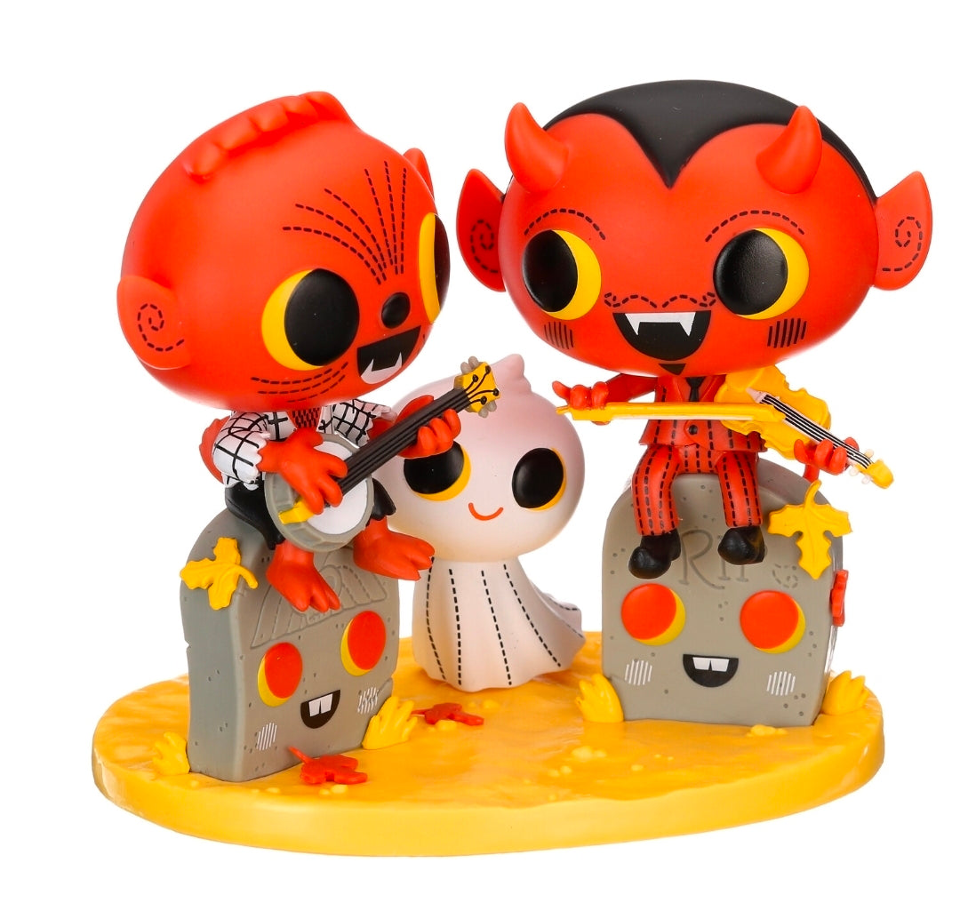 Orange and black Boo Hollow vinyl figures with guitars on yellow platform