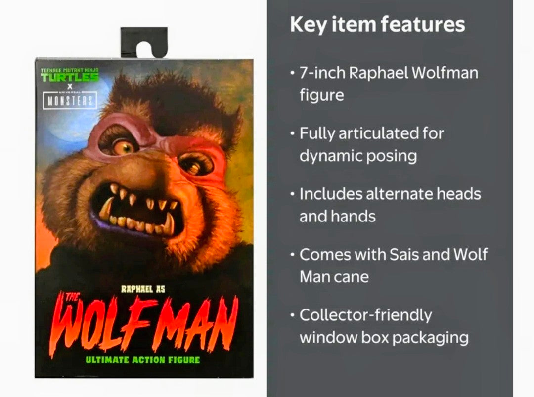 Wolf Man figure box card with feature text, Raphael as Wolf Man 7-inch action figure